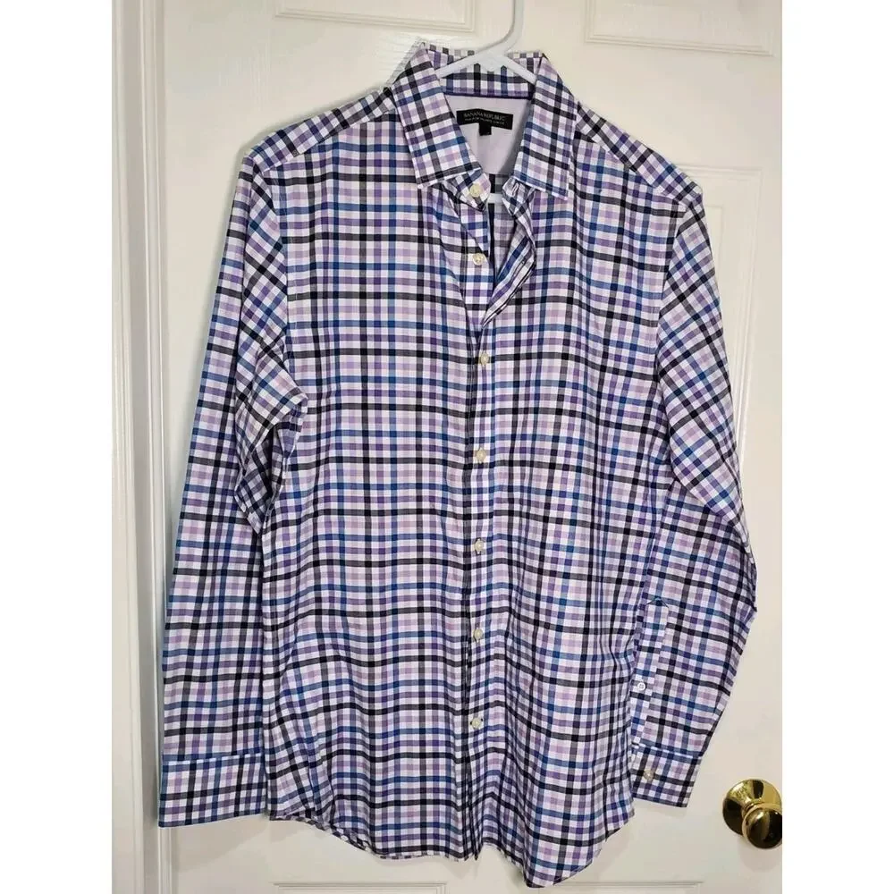 Banana Republic Non Iron Tailored Slim Fit Shirt Mens M Purple Blue Plaid Button
